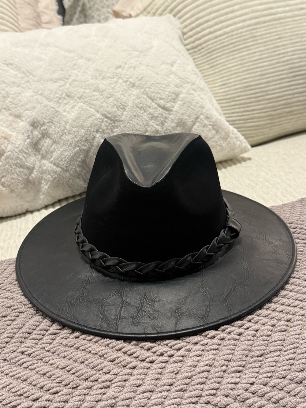 Black Wide Brim Fedora Hat Faux Leather Braided Band OS
